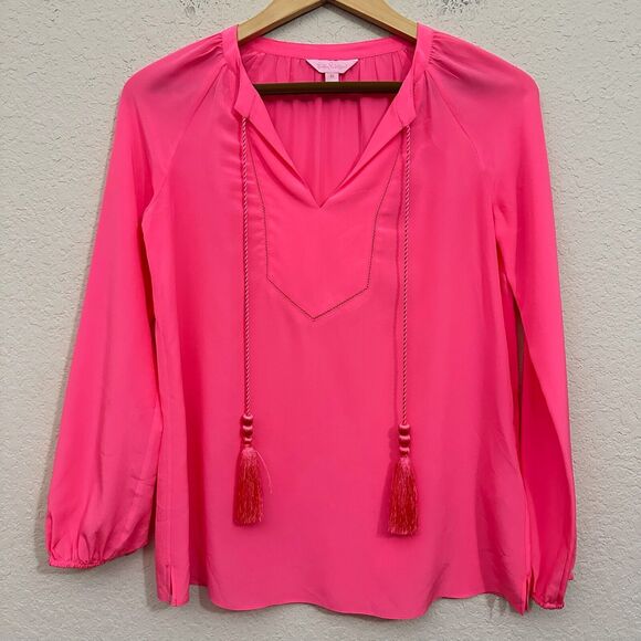 LILLY PULITZER Saria Top Blouse Pink Silk Satin Puff Sleeve Tasseled - Picture 1 of 13